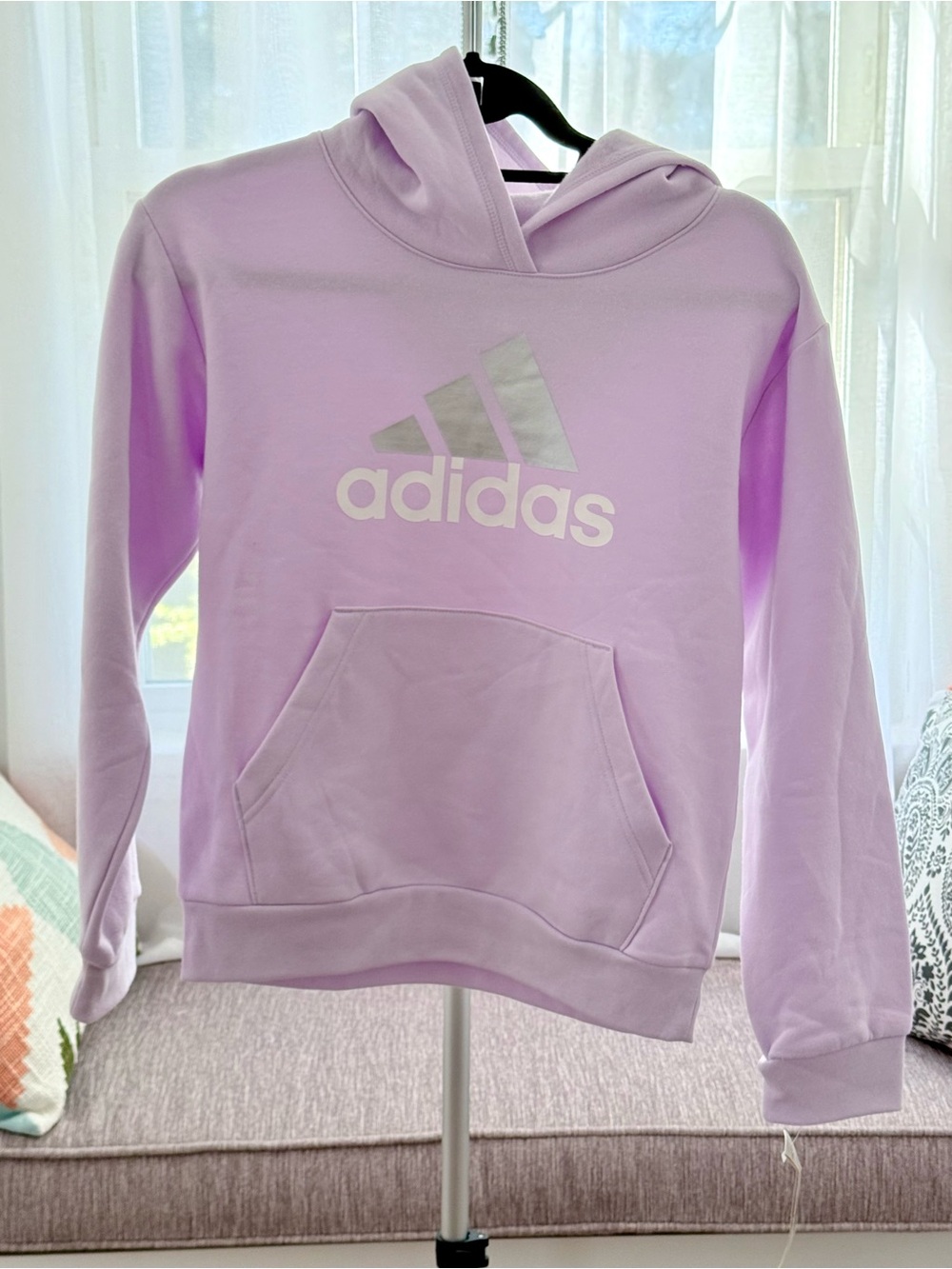 Adidas - Lilac Logo Hoodie for Kids - Light Purple Pullover - Size M 10/12